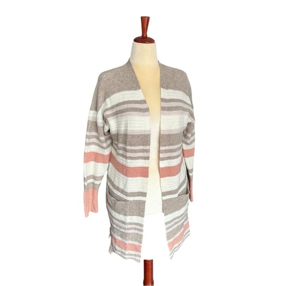 Lucky Brand Striped Open Front Cardigan Sweater Pastel Taupe Pink Wool Linen Med - Picture 16 of 16